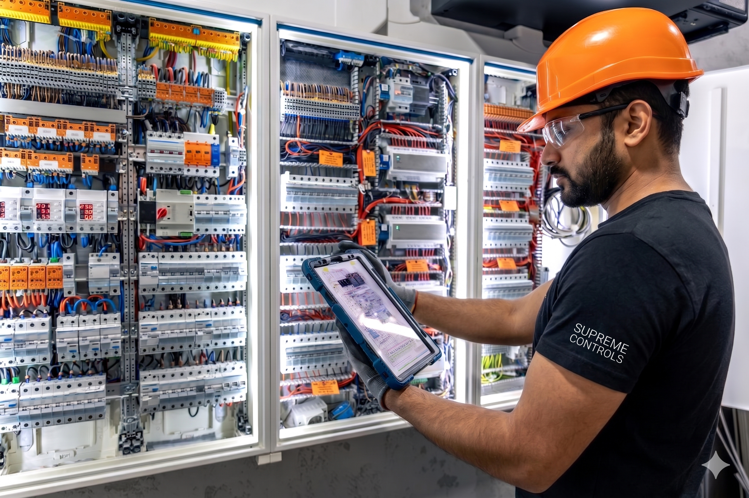 Industrial automation control room with operators